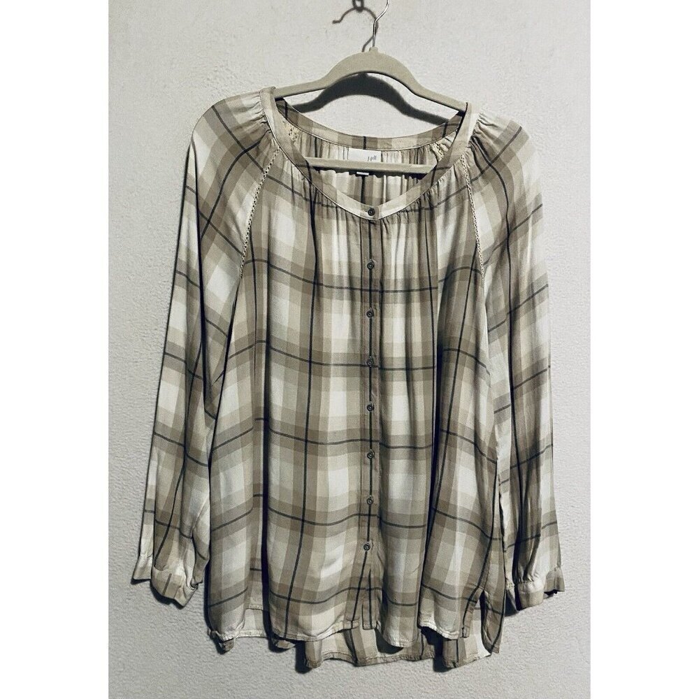 J Jill Top Womens Brown Plaid Button Up Crochet Trim Long Sleeve Cottagecore